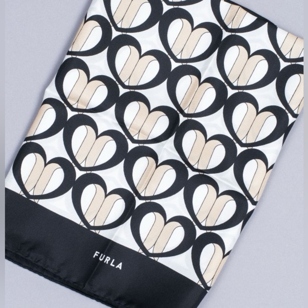 Furla Heart Print Square Scarf Black Cream Bandana Neck Scarf 23” Designer